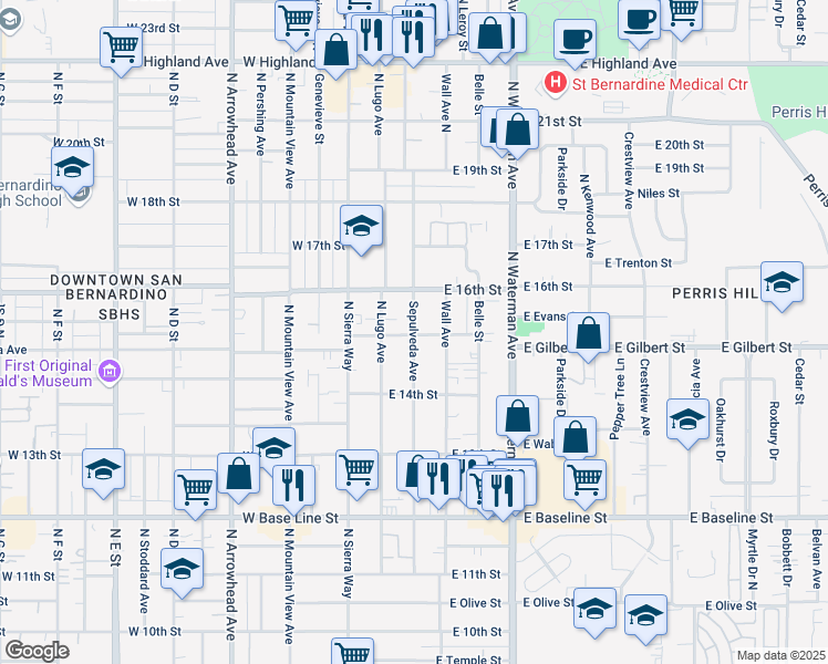 map of restaurants, bars, coffee shops, grocery stores, and more near 1555 Sepulveda Avenue in San Bernardino