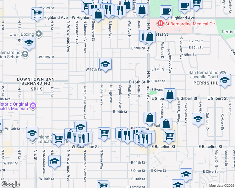 map of restaurants, bars, coffee shops, grocery stores, and more near 1585 North Lugo Avenue in San Bernardino