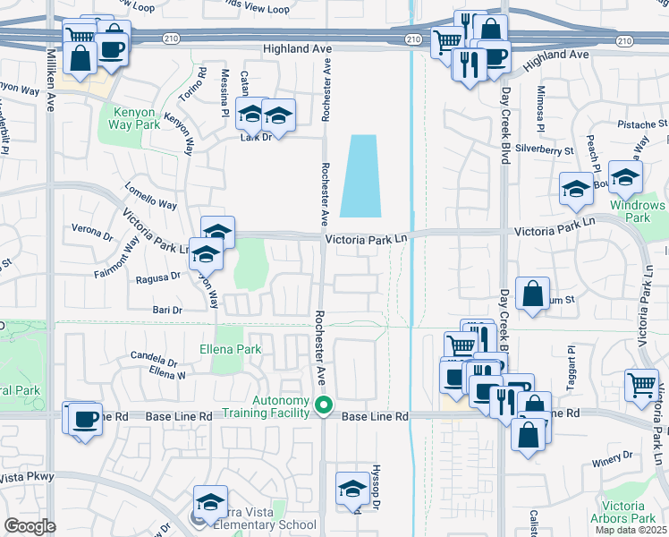 map of restaurants, bars, coffee shops, grocery stores, and more near 6939 Londonderry Court in Rancho Cucamonga