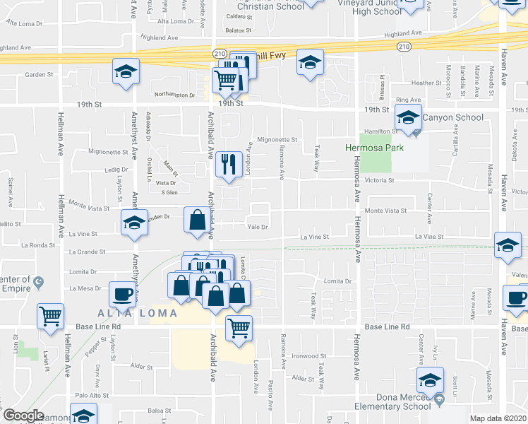map of restaurants, bars, coffee shops, grocery stores, and more near 9848 Westport Drive in Rancho Cucamonga