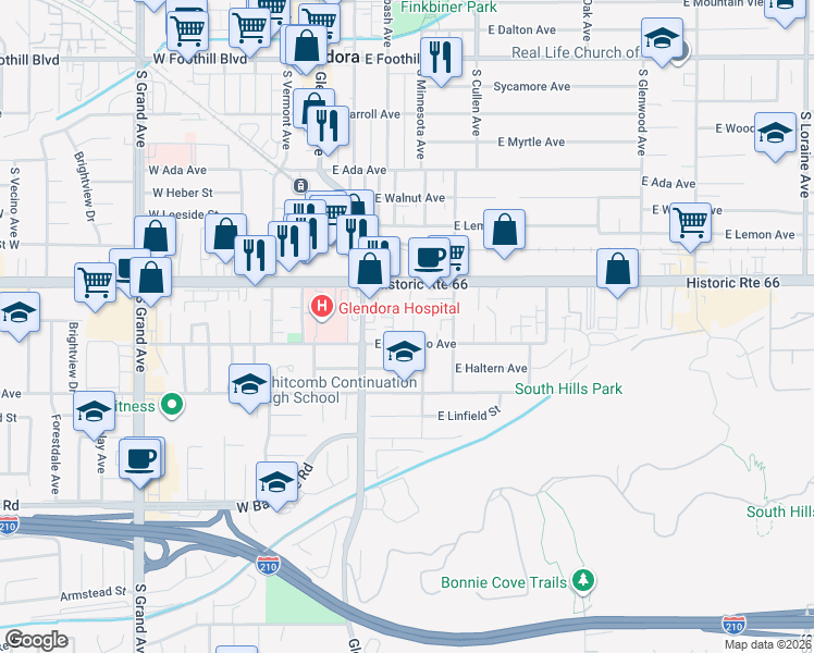 map of restaurants, bars, coffee shops, grocery stores, and more near 632 South Wabash Avenue in Glendora