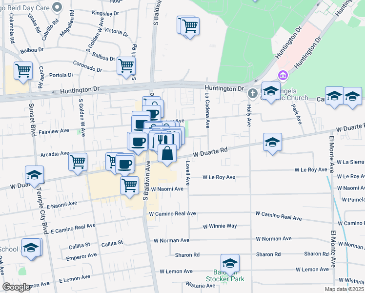 map of restaurants, bars, coffee shops, grocery stores, and more near 535 Arcadia Avenue in Arcadia