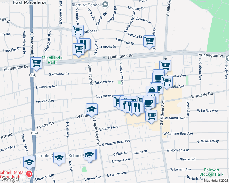 map of restaurants, bars, coffee shops, grocery stores, and more near 930 Fairview Avenue in Arcadia