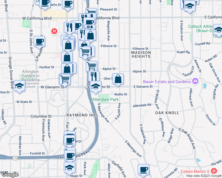 map of restaurants, bars, coffee shops, grocery stores, and more near 273 East Glenarm Street in Pasadena