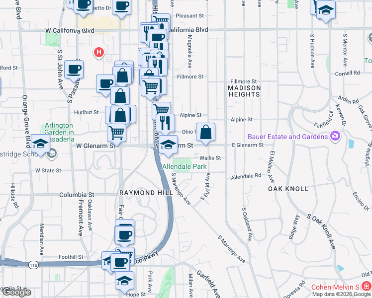 map of restaurants, bars, coffee shops, grocery stores, and more near 273 East Glenarm Street in Pasadena