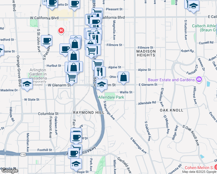 map of restaurants, bars, coffee shops, grocery stores, and more near 273 East Glenarm Street in Pasadena