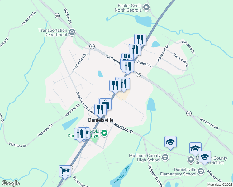 map of restaurants, bars, coffee shops, grocery stores, and more near Mama B Drive in Danielsville