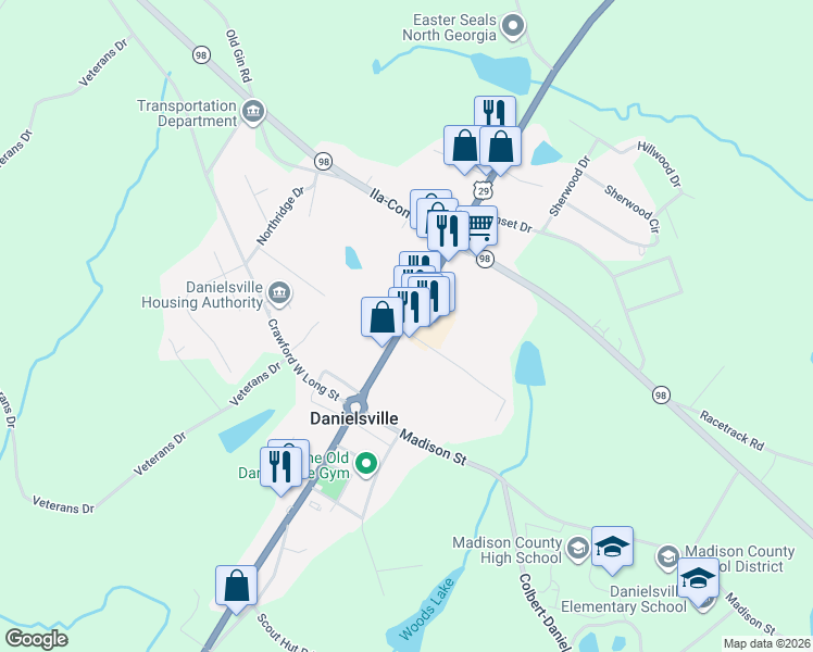 map of restaurants, bars, coffee shops, grocery stores, and more near 220 General Daniels Avenue North in Danielsville