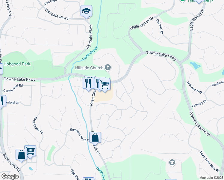 map of restaurants, bars, coffee shops, grocery stores, and more near 231 Strawberry Lane in Woodstock
