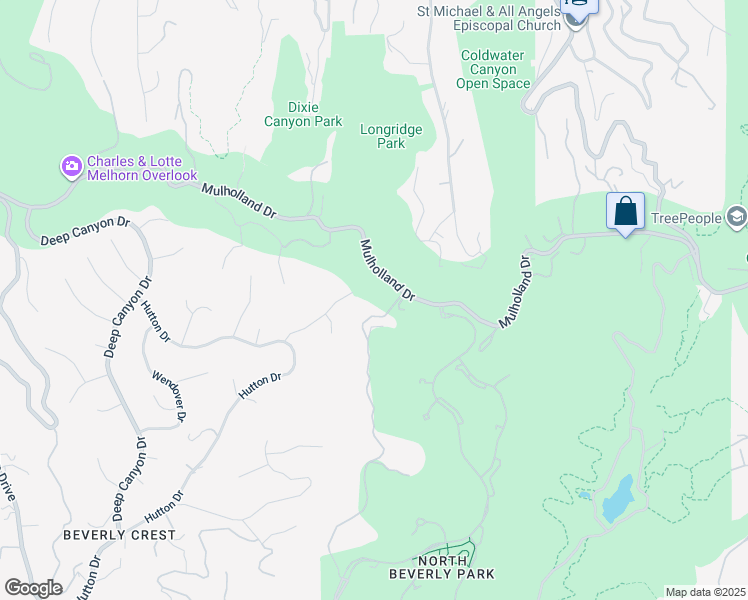 map of restaurants, bars, coffee shops, grocery stores, and more near 13200 Mulholland Drive in Beverly Hills