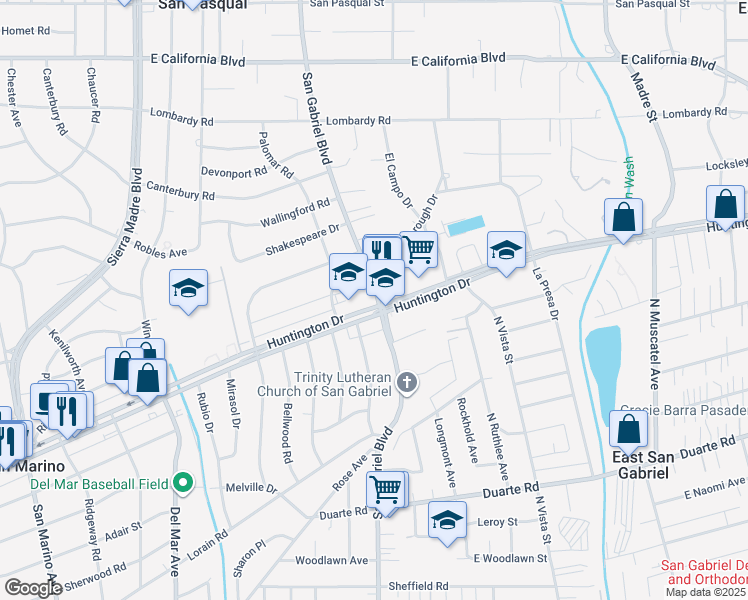 map of restaurants, bars, coffee shops, grocery stores, and more near 2995 Huntington Drive in San Marino