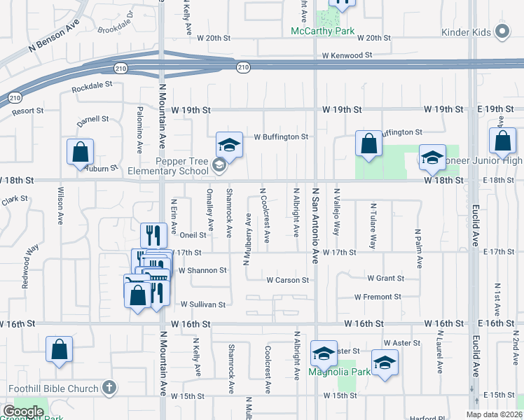 map of restaurants, bars, coffee shops, grocery stores, and more near 1761 North Coolcrest Avenue in Upland