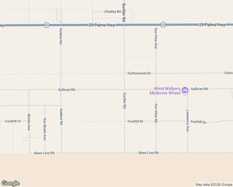 map of restaurants, bars, coffee shops, grocery stores, and more near Sullivan Road in Joshua Tree