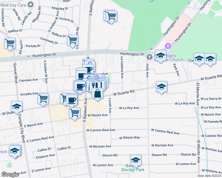 map of restaurants, bars, coffee shops, grocery stores, and more near 535 Arcadia Avenue in Arcadia