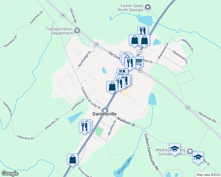 map of restaurants, bars, coffee shops, grocery stores, and more near 56 Mary Ellen Court in Danielsville