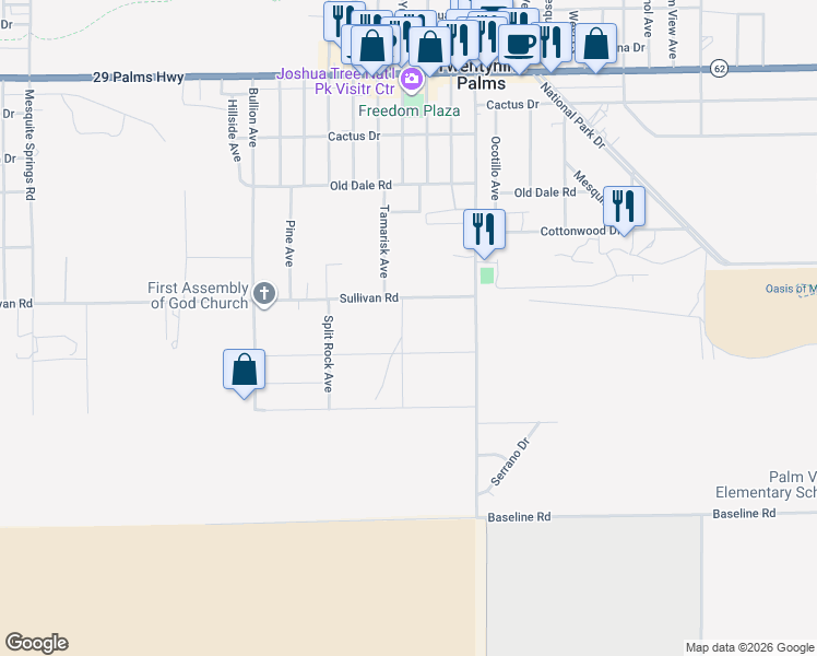 map of restaurants, bars, coffee shops, grocery stores, and more near 73591 Sullivan Road in Twentynine Palms