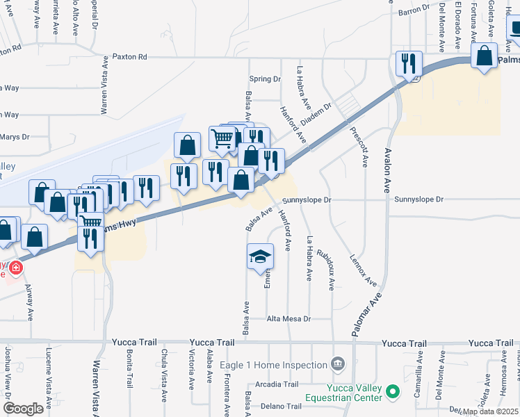 map of restaurants, bars, coffee shops, grocery stores, and more near Balsa Avenue in Yucca Valley