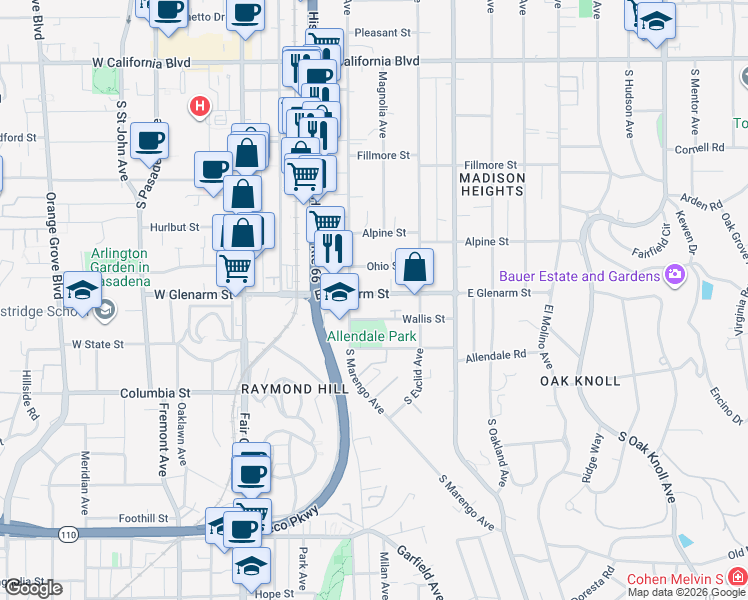 map of restaurants, bars, coffee shops, grocery stores, and more near 273 East Glenarm Street in Pasadena