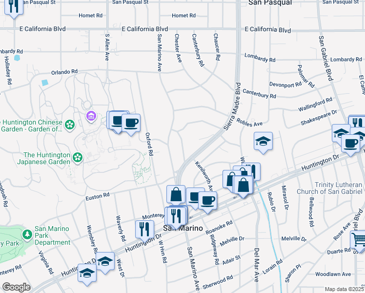 map of restaurants, bars, coffee shops, grocery stores, and more near 1200 Oakwood Drive in San Marino