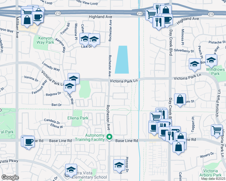 map of restaurants, bars, coffee shops, grocery stores, and more near 6939 Londonderry Court in Rancho Cucamonga