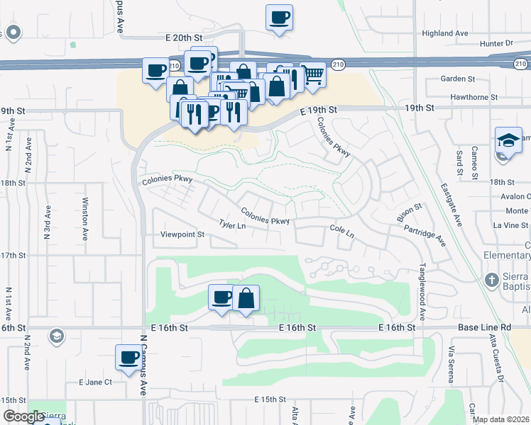 map of restaurants, bars, coffee shops, grocery stores, and more near 1759 Crebs Way in Upland