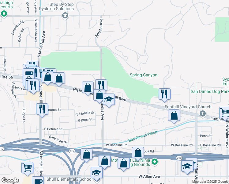 map of restaurants, bars, coffee shops, grocery stores, and more near 2311 East Curtis Court in Glendora