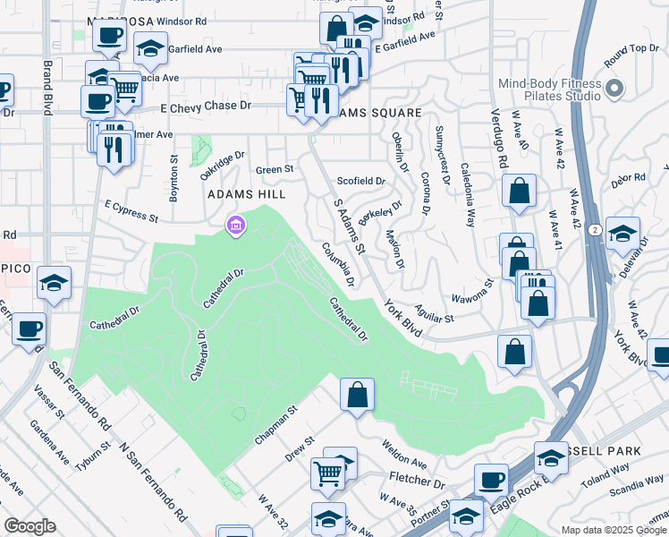 map of restaurants, bars, coffee shops, grocery stores, and more near 1441 Columbia Drive in Glendale