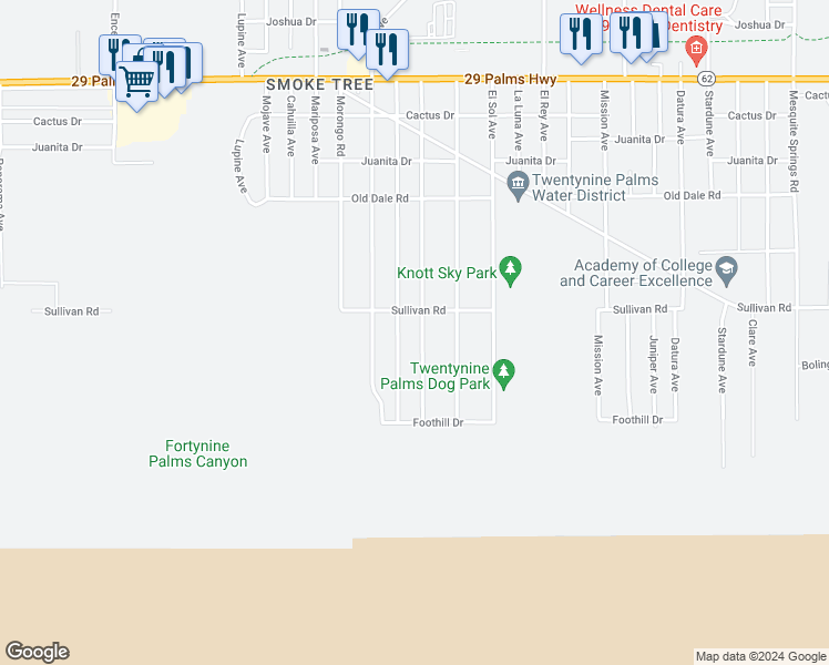 map of restaurants, bars, coffee shops, grocery stores, and more near 6928 Estrella Avenue in Twentynine Palms