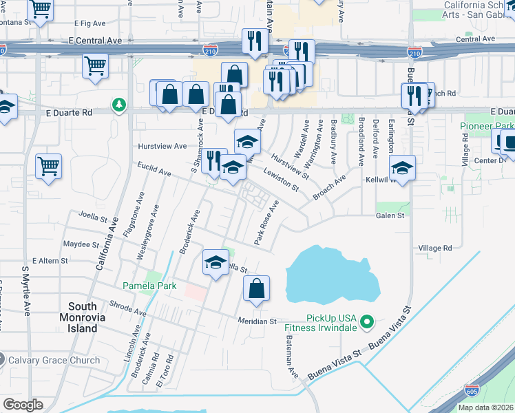 map of restaurants, bars, coffee shops, grocery stores, and more near in Duarte