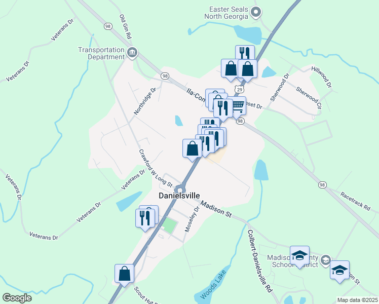 map of restaurants, bars, coffee shops, grocery stores, and more near 56 Mary Ellen Court in Danielsville
