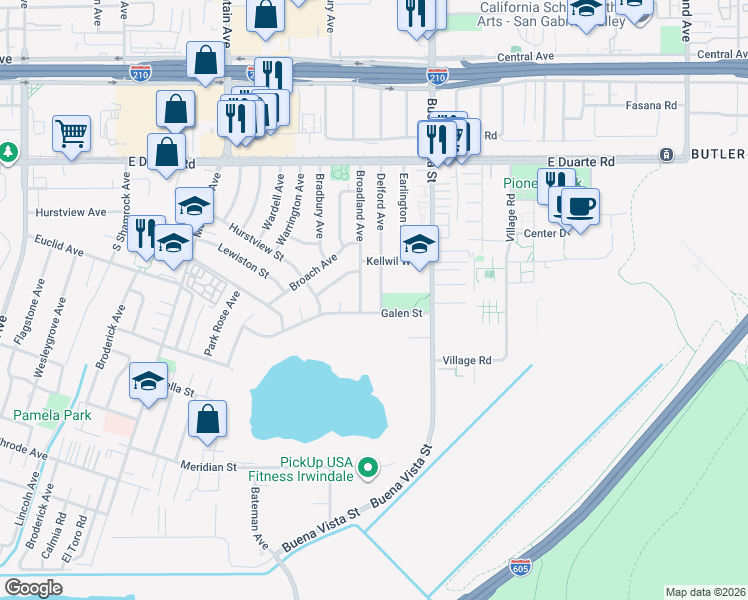 map of restaurants, bars, coffee shops, grocery stores, and more near 2047 Delford Avenue in Duarte