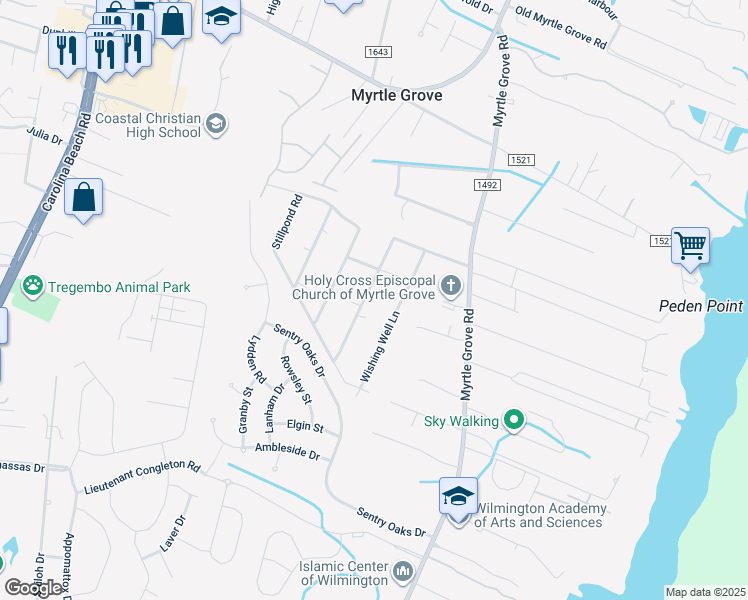 map of restaurants, bars, coffee shops, grocery stores, and more near 5829 Watermill Way in Wilmington