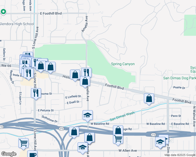 map of restaurants, bars, coffee shops, grocery stores, and more near 2401 East Greenview Drive in Glendora