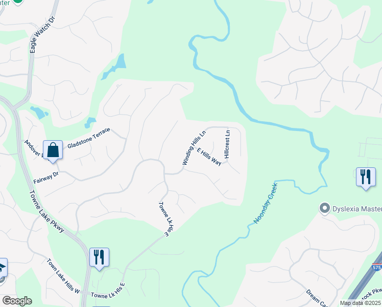 map of restaurants, bars, coffee shops, grocery stores, and more near 5010 Winding Hills Lane in Woodstock