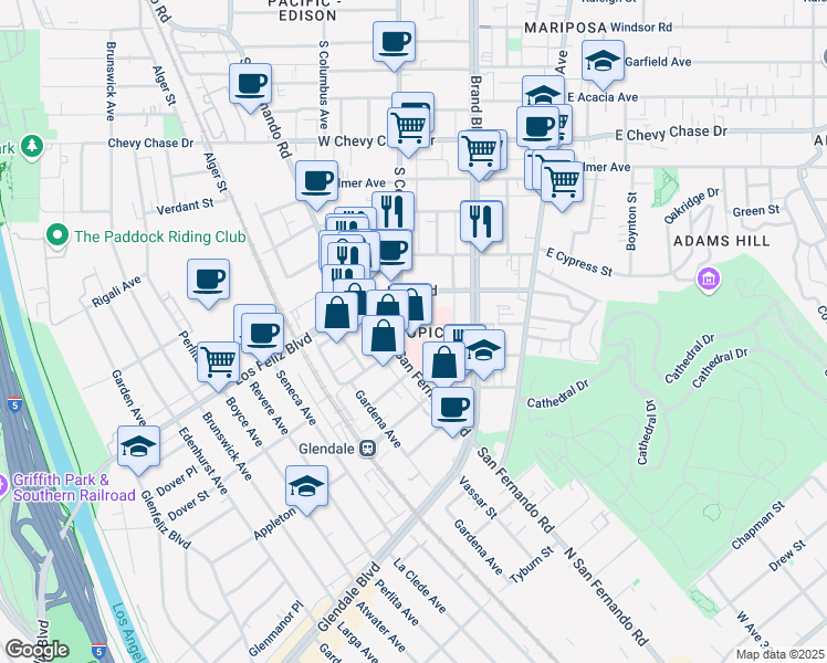 map of restaurants, bars, coffee shops, grocery stores, and more near 1420 South Central Avenue in Glendale