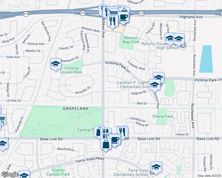 map of restaurants, bars, coffee shops, grocery stores, and more near 11349 Genova Road in Rancho Cucamonga