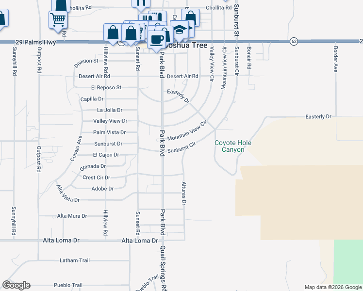 map of restaurants, bars, coffee shops, grocery stores, and more near 61909 Mountain View Circle in Joshua Tree