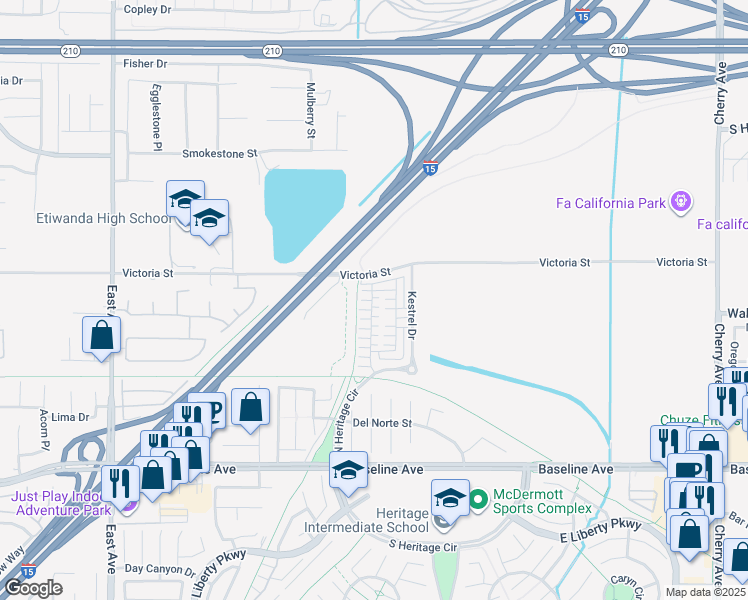 map of restaurants, bars, coffee shops, grocery stores, and more near 13827-13843 Victoria Street in Fontana