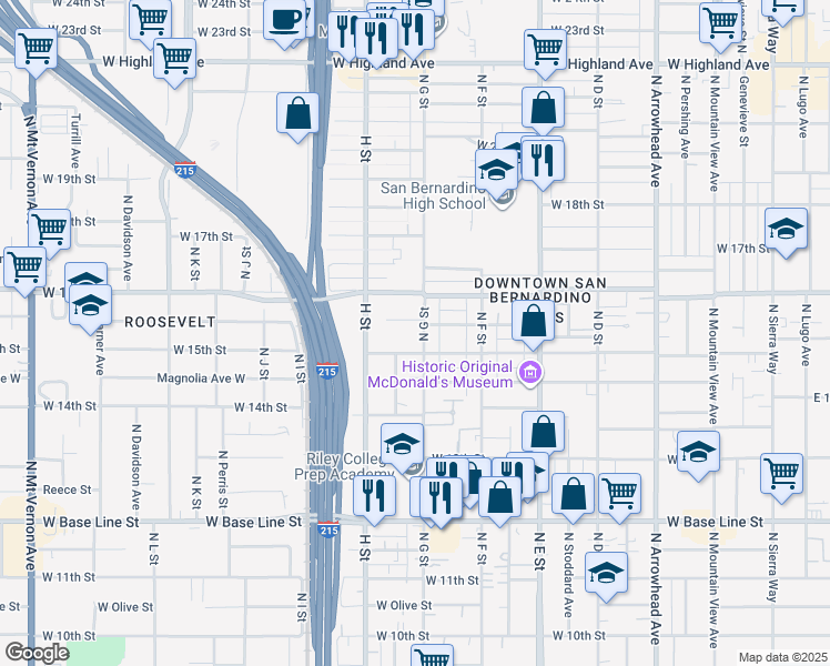 map of restaurants, bars, coffee shops, grocery stores, and more near 1532 North G Street in San Bernardino
