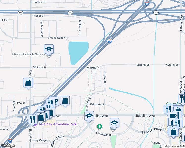 map of restaurants, bars, coffee shops, grocery stores, and more near 6956 Mallow Drive in Fontana