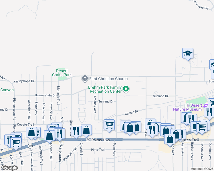 map of restaurants, bars, coffee shops, grocery stores, and more near 56414 Buena Vista Drive in Yucca Valley