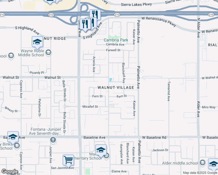 map of restaurants, bars, coffee shops, grocery stores, and more near 17068 Cerritos Street in Fontana