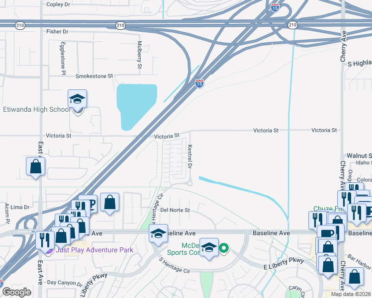 map of restaurants, bars, coffee shops, grocery stores, and more near Stonecrop Lane in Fontana