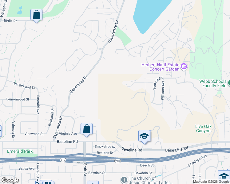 map of restaurants, bars, coffee shops, grocery stores, and more near 350 Roughrider Road in La Verne