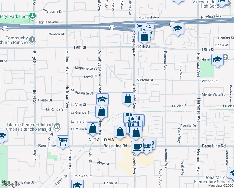 map of restaurants, bars, coffee shops, grocery stores, and more near 9611 Monte Vista Street in Rancho Cucamonga