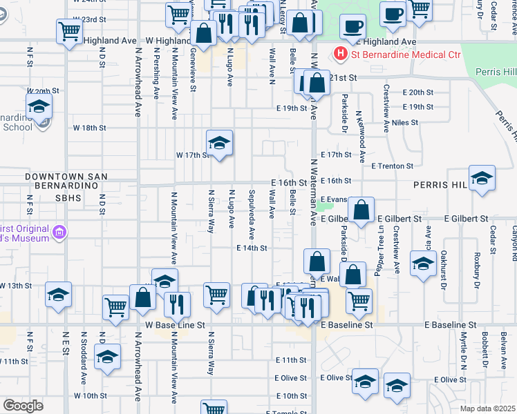 map of restaurants, bars, coffee shops, grocery stores, and more near 1505 Sepulveda Avenue in San Bernardino