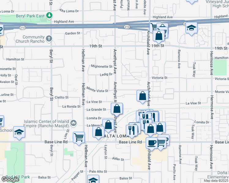 map of restaurants, bars, coffee shops, grocery stores, and more near 7004 Amethyst Avenue in Rancho Cucamonga