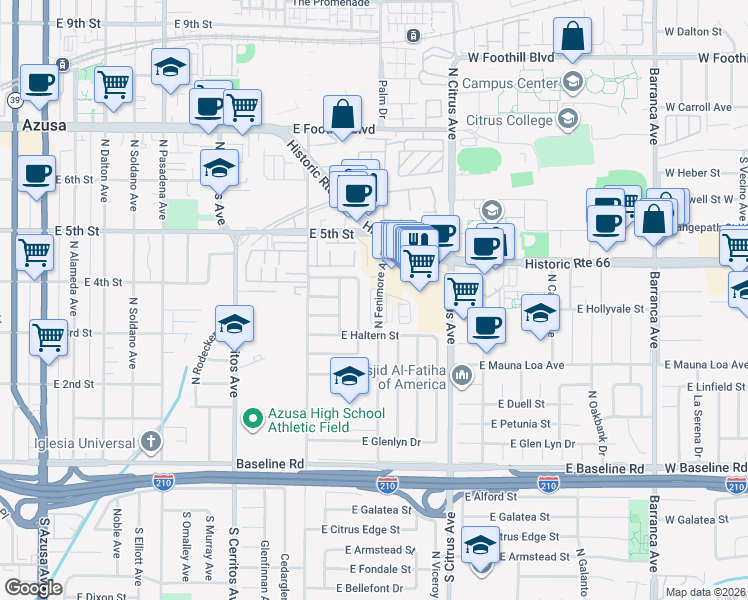 map of restaurants, bars, coffee shops, grocery stores, and more near 337 North Fenimore Avenue in Azusa