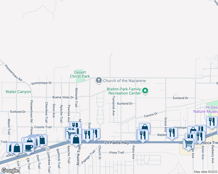 map of restaurants, bars, coffee shops, grocery stores, and more near 56280 Buena Vista Drive in Yucca Valley
