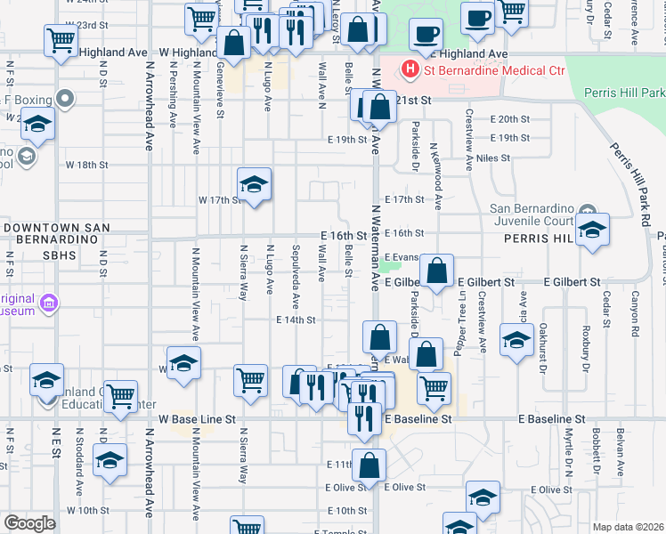map of restaurants, bars, coffee shops, grocery stores, and more near 240 East 15th Street in San Bernardino
